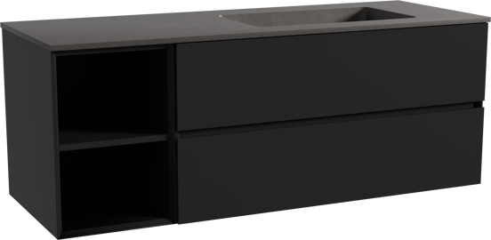 Storke Edge zwevend badmeubel 140 x 52 cm mat zwart met Scuro asymmetrisch rechtse wastafel in kwarts mat zwart