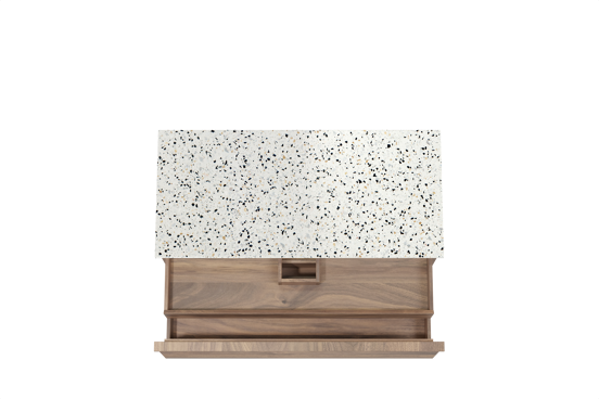 Balmani Forma hängendes Möbelstück Set: 120 x 55 cm, Amerikanischer Nussbaum, mit Stretto Einzel- oder Doppel Waschtischplatte, Terrazzo in Weiß/Schwarz matt, Horizontale symmetrische gerade Rippe