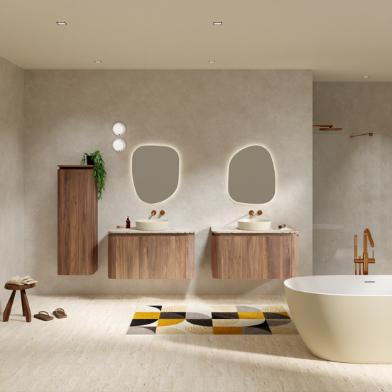 Balmani Moon meuble salle de bains suspendu 100 x 55 cm noyer américain avec Moon tablette simple en terrazzo greige terrazzo
