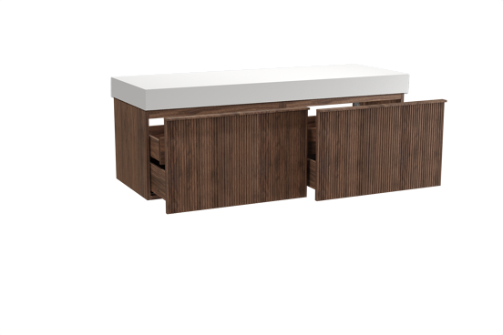 Balmani Forma zwevend badkamermeubel 150 x 55 cm amerikaanse notelaar met Dominus enkel of dubbel tablet in solid surface mat wit, Verticale symmetrische rechte ribbel