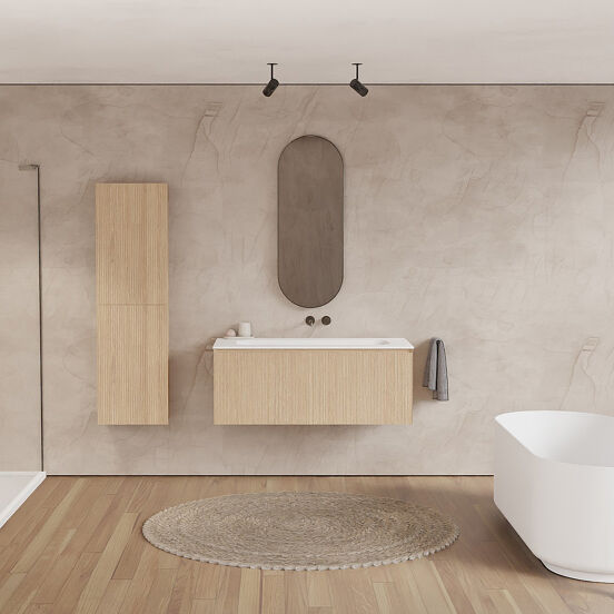 Balmani Fila zwevend badkamermeubel 120 x 55 cm natuur eik met Tablo Arcato enkele wastafel voor 2 kraangaten in solid surface mat wit, Verticale symmetrische rechte ribbel