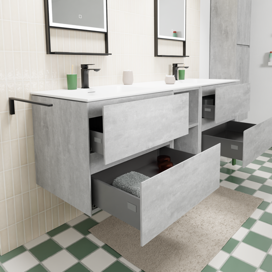 Storke Edge zwevend badmeubel 165 x 52 cm beton donkergrijs met Mata dubbele wastafel in solid surface mat wit