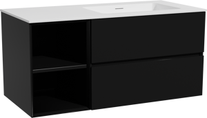 Storke Edge zwevend badkamermeubel 110 x 52 cm mat zwart met Mata asymmetrisch rechtse wastafel in solid surface mat wit