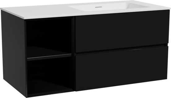 Storke Edge meuble salle de bains suspendu 110 x 52 cm noir mat avec Mata vasque asymétrique droite en solid surface blanc mat
