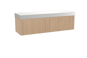 Balmani Fila zwevend badkamermeubel 180 x 55 cm natuur eik met Dominus enkel of dubbel tablet in solid surface mat wit, Verticale symmetrische rechte ribbel
