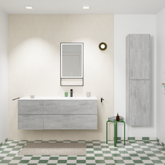 Storke Edge meuble salle de bains suspendu 140 x 52 cm béton gris foncé avec Mata plan vasque asymétrique à droite en solid surface blanc mat