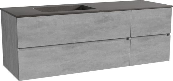 Storke Edge zwevend badmeubel 150 x 52 cm beton donkergrijs met Scuro asymmetrisch linkse wastafel in kwarts mat zwart