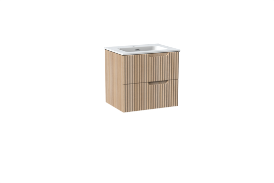 Linie Ribbo hängendes Möbelstück Set: 60 x 46 cm, Helle Eiche, mit Baro Einzelwaschtisch, Porzellan, Weiß glänzend, Vertikale symmetrische runde Rippe