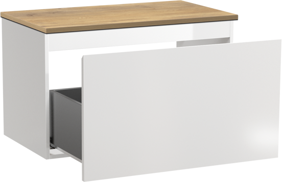 Linie Lado meuble salle de bains suspendu 80 x 46 cm blanc brillant avec Lado tablette simple en mélaminé chêne naturel