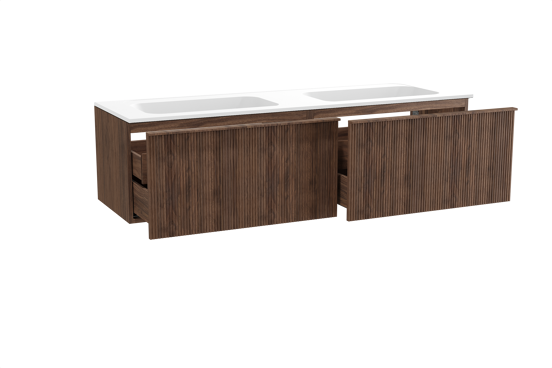 Balmani Forma meuble salle de bains suspendu 180 x 55 cm noyer américain avec Tablo Strada double vasque en marbre composite blanc mat, Nervure droite symétrique verticale