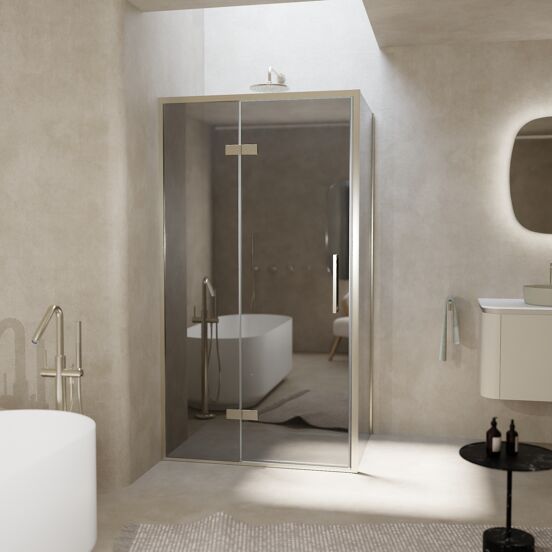 Balmani Senses Design douche en coin avec porte pivotante à gauche et paroi latérale fixe, 100 x 100 cm, Miroir Reflex, Profil Brushed CoolMetal