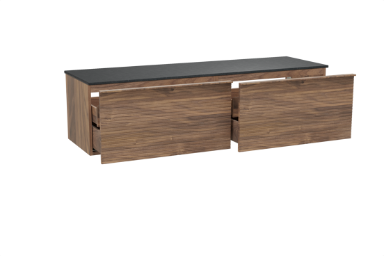 Balmani Forma hängendes Möbelstück Set: 180 x 55 cm, Amerikanischer Nussbaum, mit Stretto Einzel- oder Doppel Waschtischplatte, Granit, Schwarzes Granit, Horizontale symmetrische gerade Rippe