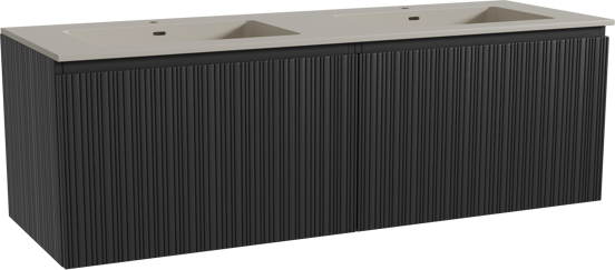 Storke Ribs zwevend badmeubel 150 x 52 cm zwart eiken met Diva dubbele wastafel in top solid zijdegrijs, Verticale asymmetrische rechte ribbel