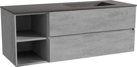 Storke Edge zwevend badmeubel 140 x 52 cm beton donkergrijs met Scuro asymmetrisch rechtse wastafel in kwarts mat zwart