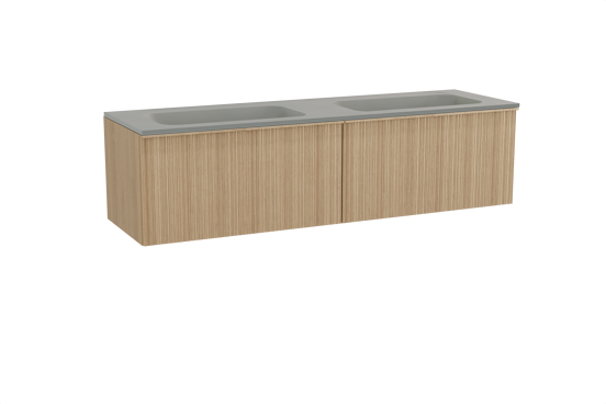 Balmani Forma zwevend badkamermeubel 180 x 55 cm natuur eik met Tablo Strada dubbele wastafel in composietmarmer zijdegrijs, Verticale asymmetrische ronde ribbel