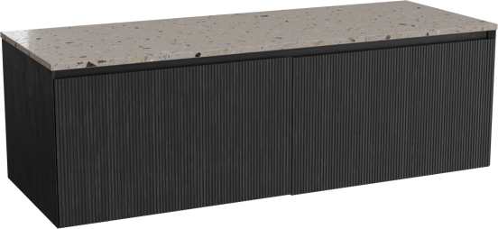 Balmani Fila hängendes Möbelstück Set: 150 x 55 cm, Schwarze Eiche, mit Stretto Einzel- oder Doppel Waschtischplatte, Terrazzo in Greige, Vertikale symmetrische gerade Rippe