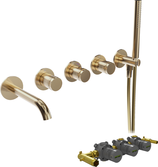 BLAUFOSS Pavilion Inbouw badkraan thermostatisch brushed gold Incl. handdoucheset incl. inbouwelement