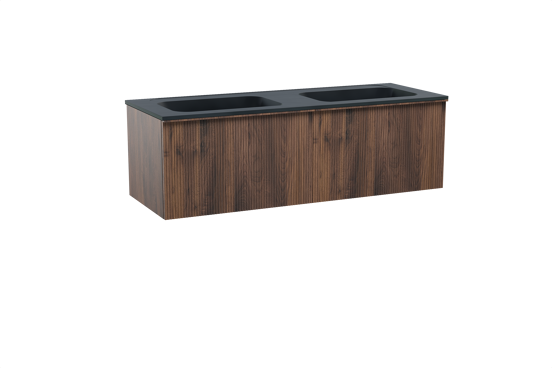 Balmani Forma zwevend badkamermeubel 150 x 55 cm amerikaanse notelaar met Tablo Strada dubbele wastafel in composietmarmer mat zwart, Verticale symmetrische rechte ribbel