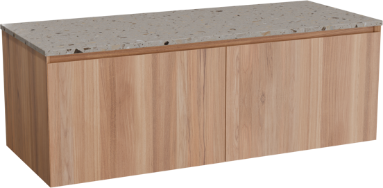 Balmani Idra hängendes Möbelstück Set: 135 x 55 cm, Teak, mit Stretto Einzel- oder Doppel Waschtischplatte, Terrazzo in Greige