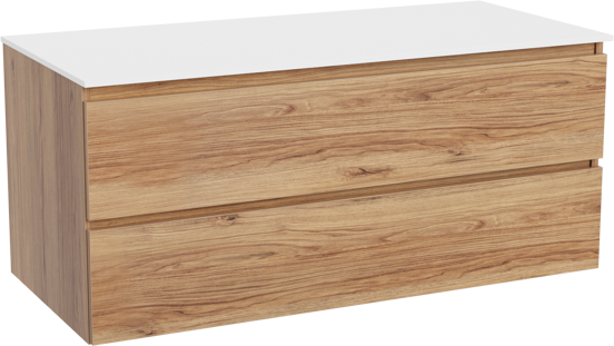 Balmani Lucida zwevend badkamermeubel 120 x 55 cm teak met Stretto enkel of dubbel tablet in solid surface mat wit
