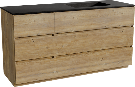 Storke Edge staand badmeubel 150 x 52 cm ruw eiken met Scuro asymmetrisch rechtse wastafel in kwarts mat zwart