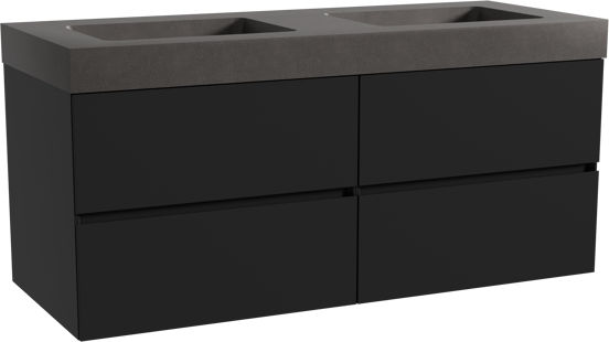 Storke Edge zwevend badmeubel 130 x 52 cm mat zwart met Scuro High dubbele wastafel in kwarts mat zwart