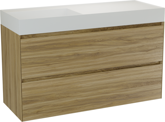 Balmani Mitra Compact meuble salle de bains suspendu 120 x 46 cm chêne brut avec Argila vasque asymétrique gauche en marbre composite blanc mat