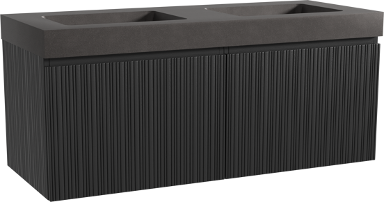 Storke Ribs zwevend badmeubel 130 x 52 cm zwart eiken met Scuro High dubbele wastafel in kwarts mat zwart, Verticale asymmetrische rechte ribbel