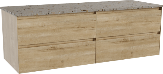 Balmani Mitra hängendes Möbelstück Set: 150 x 55 cm, Rohe Eiche, mit Stretto Einzel- oder Doppel Waschtischplatte, Terrazzo in Greige