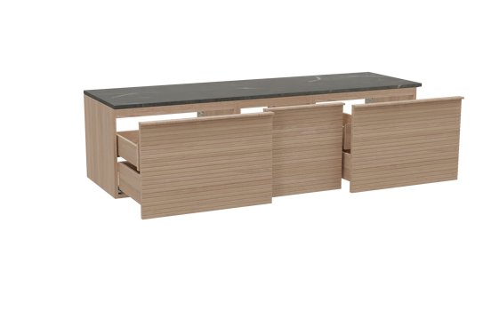 Balmani Forma zwevend badmeubel 180 x 55 cm naturel eiken met Stretto enkel of dubbel wastafelblad in marmer pietra grey, Horizontale symmetrische rechte ribbel