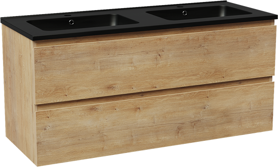 Linie Lado zwevend badmeubel 120 x 46 cm naturel eiken met Vano dubbele wastafel in composietmarmer mat zwart