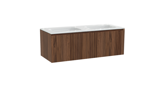 Balmani Idra zwevend badkamermeubel 135 x 55 cm notelaar met Tablo Strada dubbele wastafel in composietmarmer glanzend wit