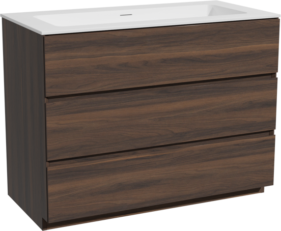 Storke Edge staand badkamermeubel 105 x 52 cm notelaar met Mata enkele wastafel voor 2 kraangaten in solid surface mat wit
