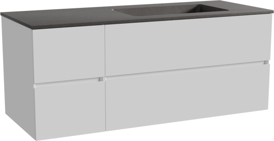 Storke Edge zwevend badmeubel 130 x 52 cm hoogglans wit met Scuro asymmetrisch rechtse wastafel in kwarts mat zwart
