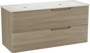 Linie Curvo hängendes Möbelstück Set: 120 x 46 cm, Eiche Hell, mit Baro Curvo Doppelwaschtisch Keramik Weiβ glänzend