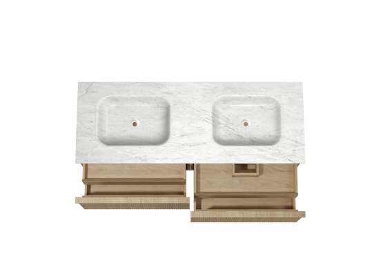 Balmani Forma meuble salle de bains suspendu 150 x 55 cm chêne naturel avec Tablo Arcato double vasque en marbre carrara, Nervure droite symétrique verticale