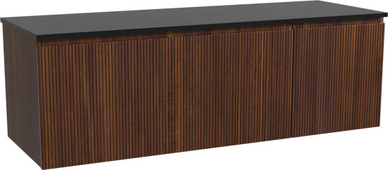 Storke Ribs zwevend badmeubel 150 x 52 cm notenhout met Panton enkel of dubbel wastafelblad in gepoedercoate mdf mat zwart, Verticale symmetrische rechte ribbel