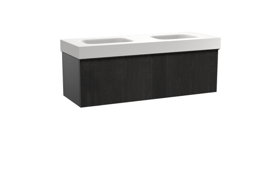 Balmani Forma zwevend badkamermeubel 150 x 55 cm zwarte eik met Arcato dubbele wastafel in solid surface mat wit, Verticale symmetrische rechte ribbel