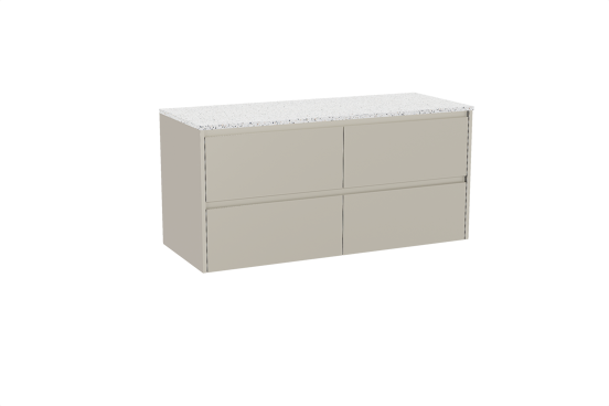 Storke Seda hängendes Möbelstück Set: 130 x 52 cm, Seidengrau, mit Tavola Einzel- oder Doppel Waschtischplatte, Terrazzo in Weiß/Schwarz matt