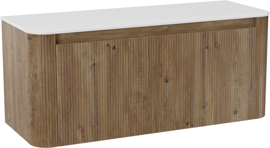 Storke Soft meuble salle de bains suspendu 120 x 46 cm chêne brut avec Tavola Soft tablette simple ou double vasque en Solid Surface blanc mat, Nervure droite symétrique verticale