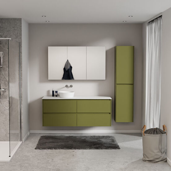 Storke Seda hängendes Möbelstück Set: 150 x 52 cm, OlivgrÃ¼n, mit Tavola Einzel- oder Doppel Waschtischplatte, Solid Surface Weiß matt