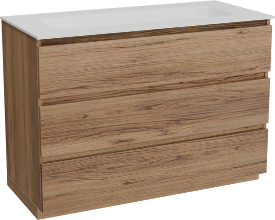 Balmani Lucida meuble salle de bains à poser 120 x 55 cm teck avec Tablo Arcato lavabo simple pour 2 trous de robinet en solid surface blanc mat