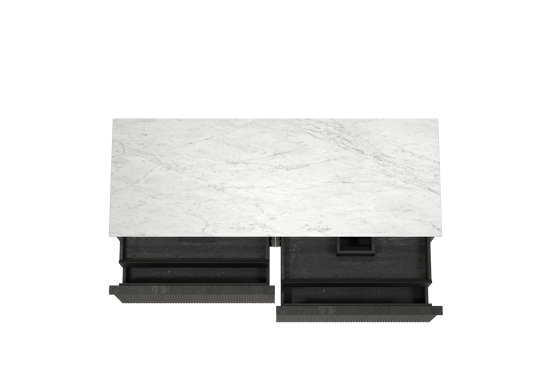 Balmani Forma zwevend badkamermeubel 150 x 55 cm zwarte eik met Stretto enkel of dubbel tablet in marmer carrara, Verticale symmetrische rechte ribbel