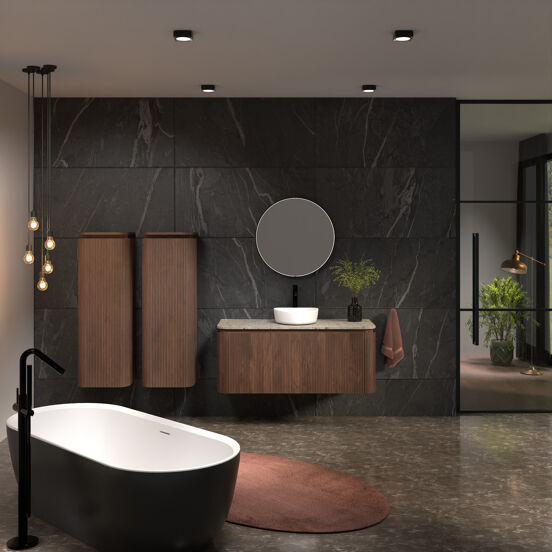 Balmani Moon zwevend badkamermeubel 130 x 55 cm amerikaanse notelaar met Moon enkel of dubbel tablet in terrazzo greige terrazzo, Verticale symmetrische rechte ribbel