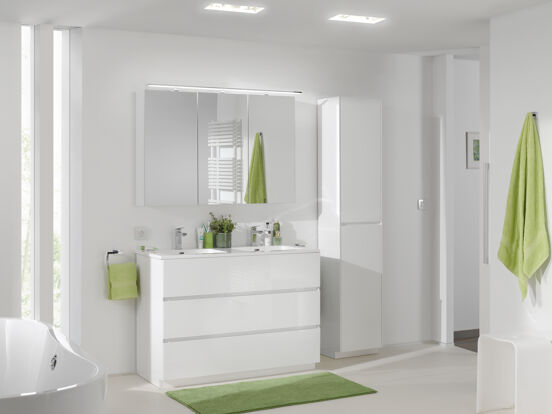 Storke Edge meuble sous-vasque a poser 120 x 52 cm blanc brillant 3 tiroirs 2 découpés de siphon