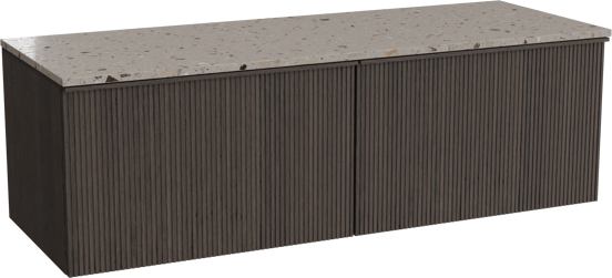 Balmani Forma hängendes Möbelstück Set: 150 x 55 cm, Geräucherte Eiche, mit Stretto Einzel- oder Doppel Waschtischplatte, Terrazzo in Greige, Vertikale symmetrische gerade Rippe