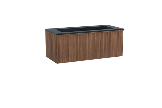 Balmani Forma meuble salle de bains suspendu 120 x 55 cm noyer américain avec Tablo Strada lavabo simple pour 2 trous de robinet en marbre composite noir mat, Nervure circulaire asymétrique verticale
