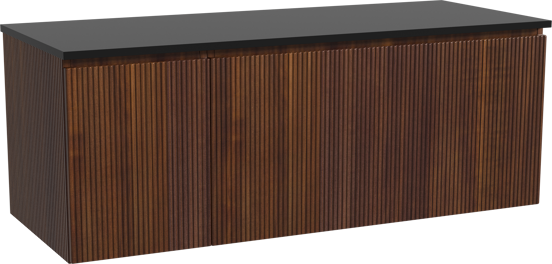 Storke Ribs zwevend badkamermeubel 130 x 52 cm notelaar met Panton enkel of dubbel tablet in gepoedercoate mdf mat zwart, Verticale symmetrische rechte ribbel