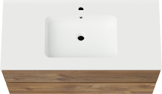 Linie Lado hängendes Möbelstück Set: 100 x 46 cm, Braune Eiche, mit Vano Einzelwaschtisch, Marmorkomposit Weiß matt