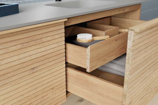 Balmani Forma zwevende wastafelonderkast 75 x 55 cm naturel eiken 2 lades horiz. sym. groef